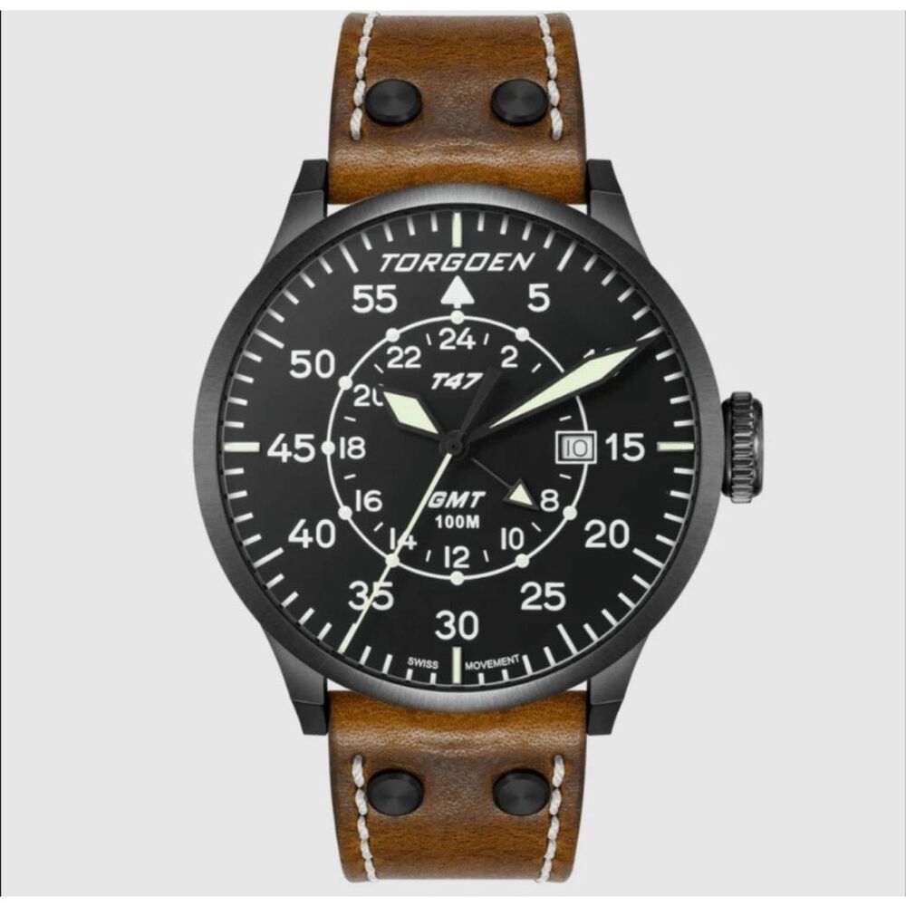 Torgoen TN-1210 Jumbo Black Sapphire GMT Multifunction Watch Brown Leather Band